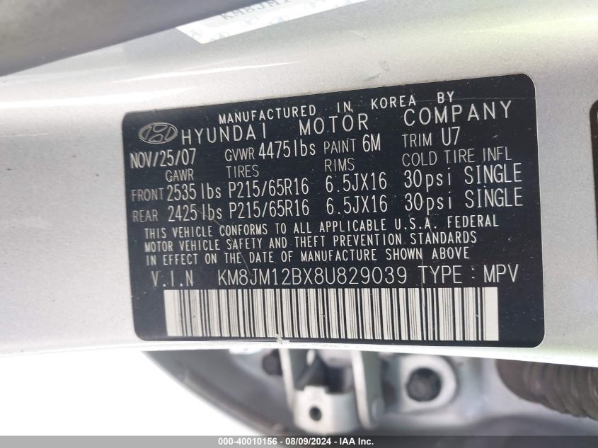 2008 Hyundai Tucson Gls VIN: KM8JM12BX8U829039 Lot: 40010156