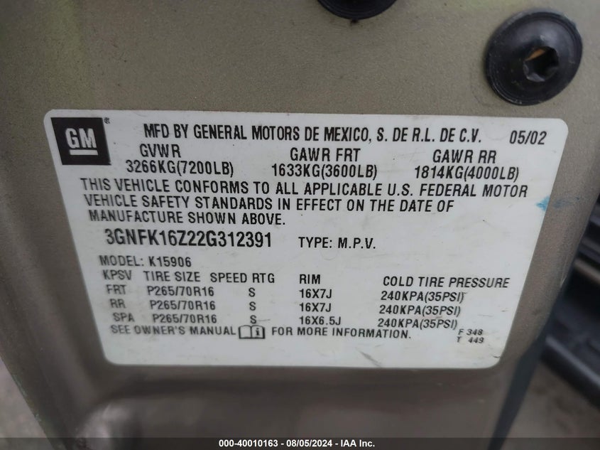 2002 Chevrolet Suburban 1500 Lt VIN: 3GNFK16Z22G312391 Lot: 40010163