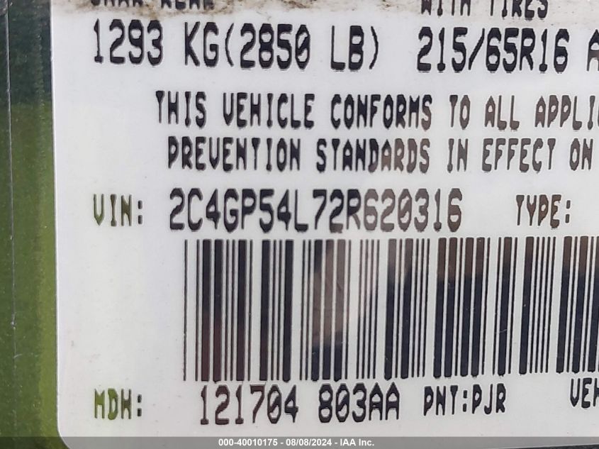 2002 Chrysler Town & Country Lxi VIN: 2C4GP54L72R620316 Lot: 40010175