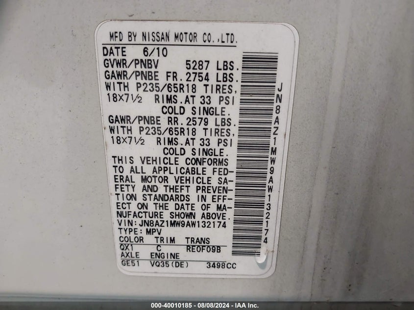 2010 Nissan Murano Sl VIN: JN8AZ1MW9AW132174 Lot: 40010185