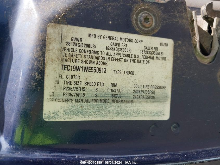 1998 GMC Sierra 1500 Sl Wideside VIN: 1GTEC19W1WE550913 Lot: 40010189