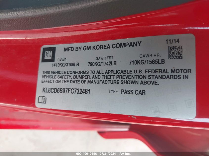 2015 Chevrolet Spark 1Lt Cvt VIN: KL8CD6S97FC732481 Lot: 40010196