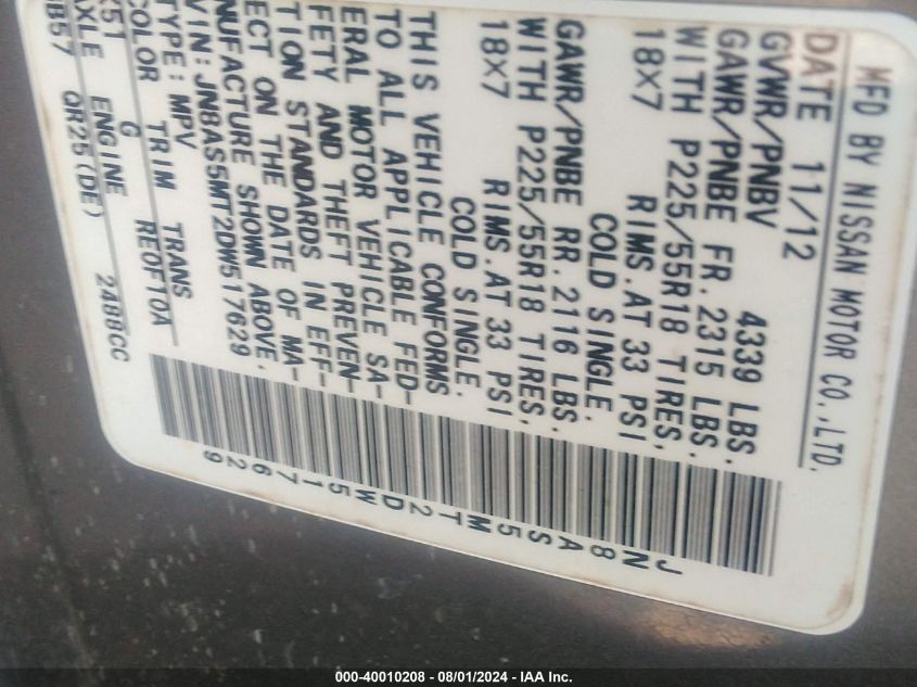 2013 Nissan Rogue S/Sv VIN: JN8AS5MT2DW517629 Lot: 40010208