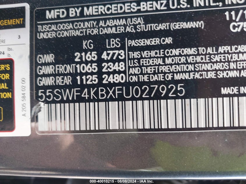 2015 Mercedes-Benz C 300 VIN: 55SWF4KBXFU027925 Lot: 40010215