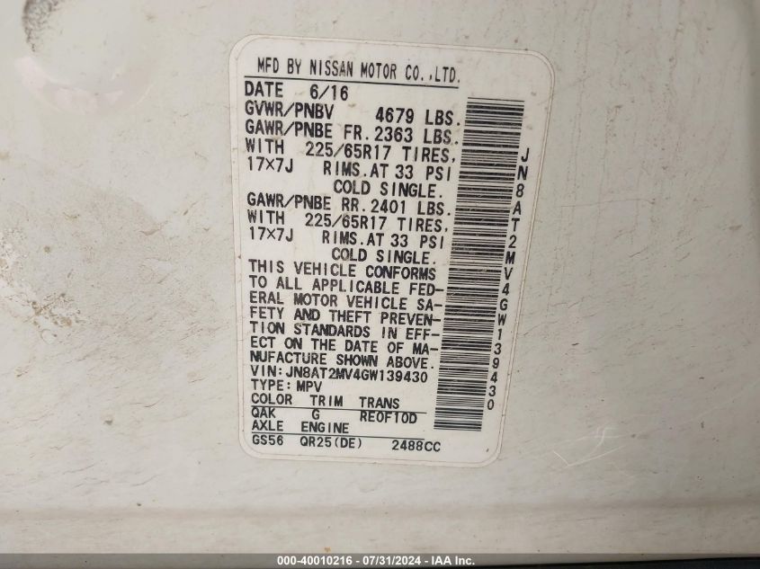 2016 Nissan Rogue S/Sl/Sv VIN: JN8AT2MV4GW139430 Lot: 40010216