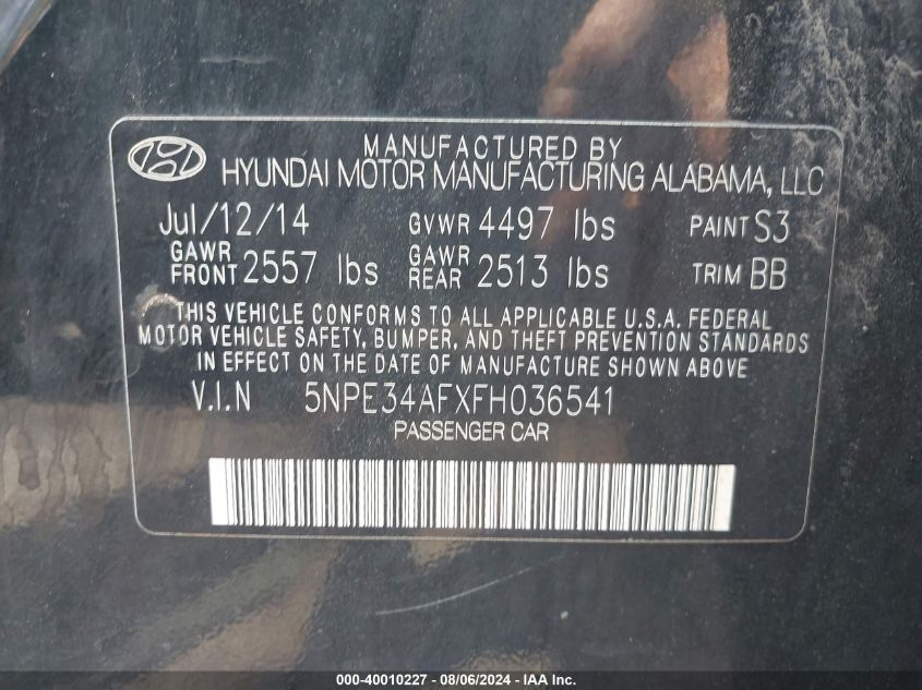 2015 Hyundai Sonata Sport VIN: 5NPE34AFXFH036541 Lot: 40010227