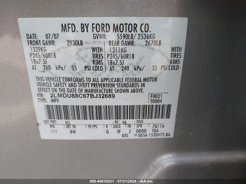 2007 Lincoln Mkx VIN: 2LMDU88C67BJ32689 Lot: 40010231