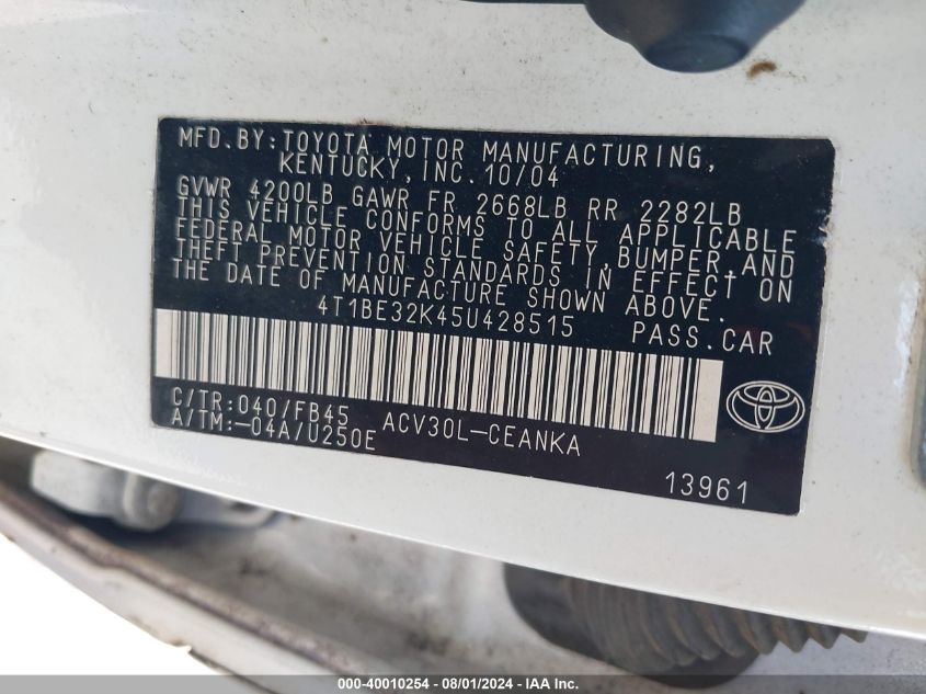 2005 Toyota Camry Le VIN: 4T1BE32K45U428515 Lot: 40010254