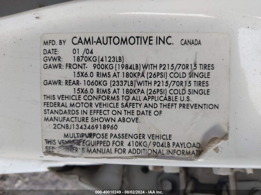 2004 Chevrolet Tracker VIN: 2CNBJ134346918960 Lot: 40010249