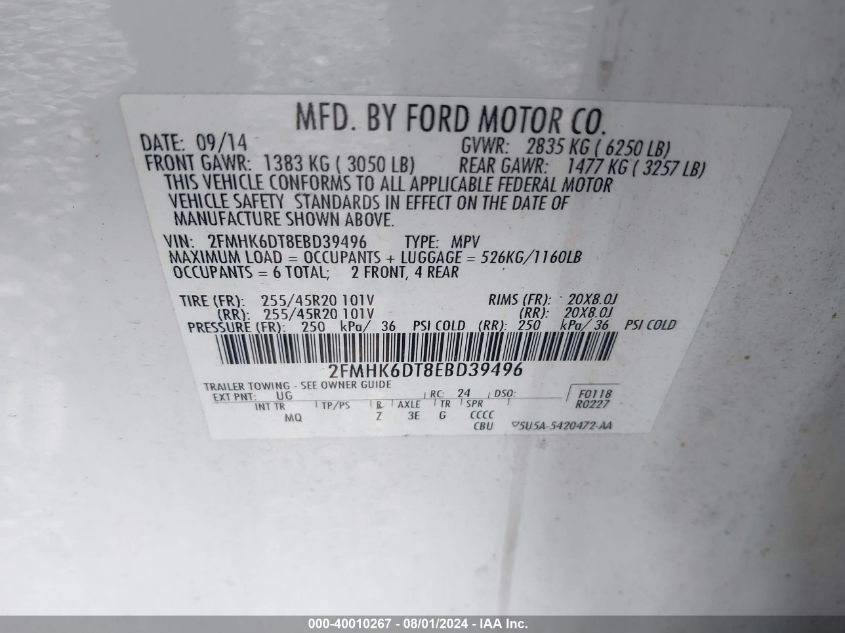 2014 Ford Flex Limited VIN: 2FMHK6DT8EBD39496 Lot: 40010267