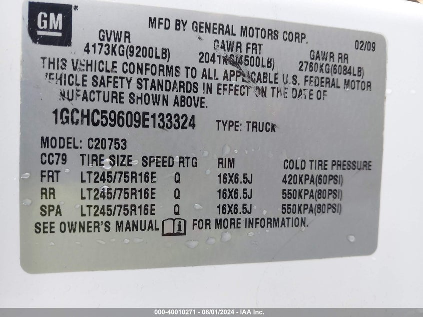 2009 Chevrolet Silverado 2500Hd Lt VIN: 1GCHC59609E133324 Lot: 40010271