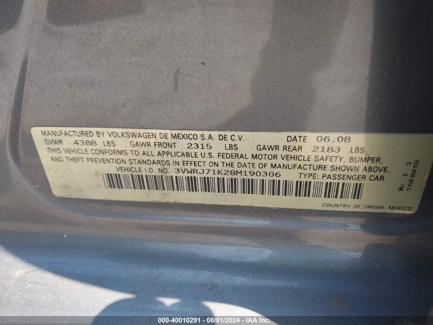 2008 Volkswagen Jetta Wolfsburg Edition VIN: 3VWRJ71K28M190306 Lot: 40010291