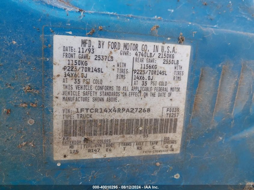 1994 Ford Ranger Super Cab VIN: 1FTCR14X4RPA27268 Lot: 40010295