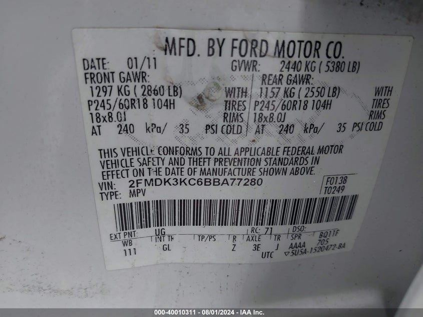 2011 Ford Edge Limited VIN: 2FMDK3KC6BBA77280 Lot: 40010311