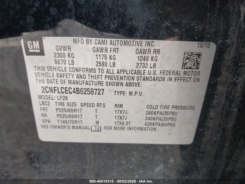 2011 Chevrolet Equinox Ls VIN: 2CNFLCEC1BG258727 Lot: 40010315