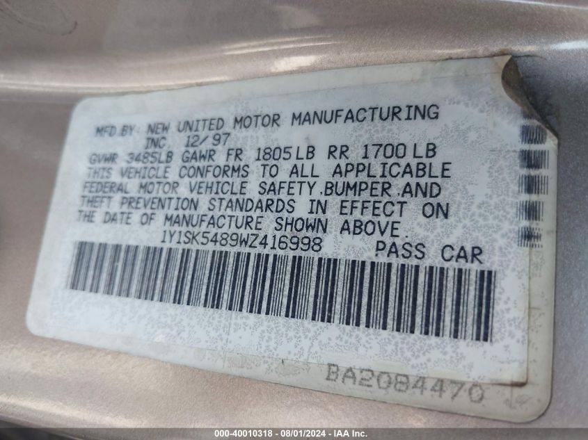 1998 Chevrolet Prizm Lsi VIN: 1Y1SK5489WZ416998 Lot: 40010318