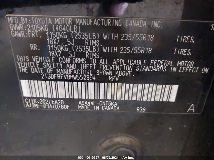 2017 TOYOTA RAV4 LIMITED/SE/PLATINUM - 2T3DFREV8HW552894