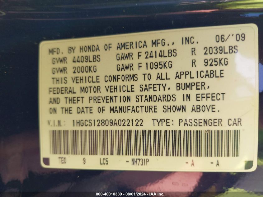 2009 Honda Accord 2.4 Ex-L VIN: 1HGCS12809A022122 Lot: 40010339