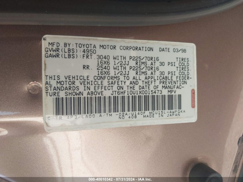1999 Lexus Rx 300 VIN: JT6HF10U1X0015473 Lot: 40010342