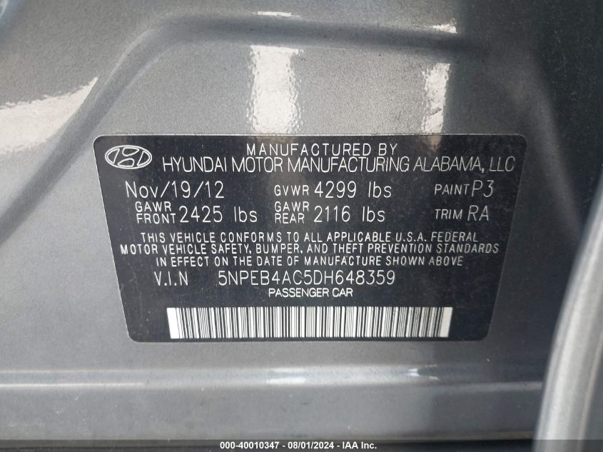 2013 Hyundai Sonata Gls VIN: 5NPEB4AC5DH648359 Lot: 40010347