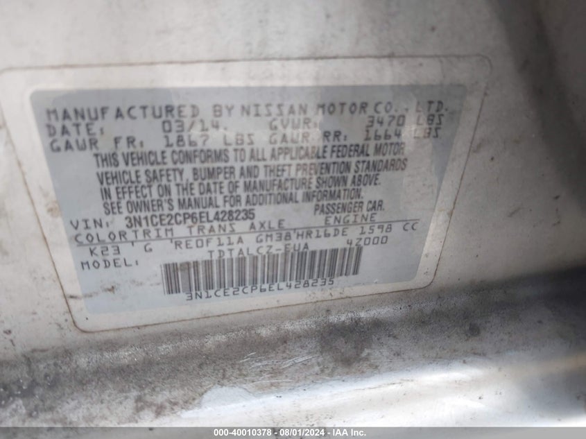 2014 Nissan Versa Note S Plus VIN: 3N1CE2CP6EL428235 Lot: 40010378