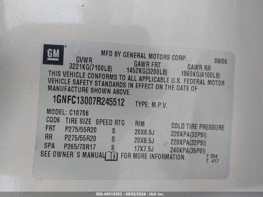 2007 Chevrolet Tahoe C1500 VIN: 1GNFC13007R245512 Lot: 40010383