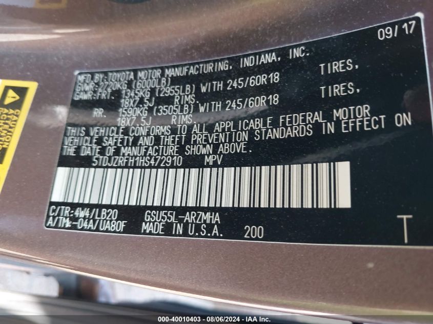 2017 Toyota Highlander Se/Xle VIN: 5TDJZRFH1HS472910 Lot: 40010403