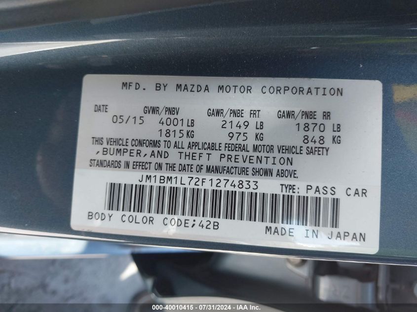 2015 Mazda Mazda3 I Touring VIN: JM1BM1L72F1274833 Lot: 40010415