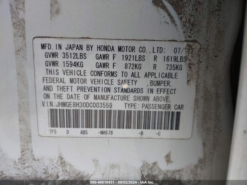 2013 Honda Fit VIN: JHMGE8H30DC003559 Lot: 40010431