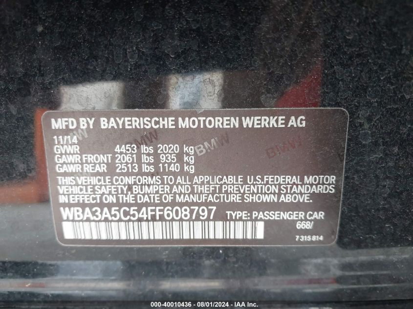 2015 BMW 328I VIN: WBA3A5C54FF608797 Lot: 40010436