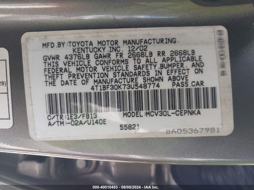 2003 Toyota Camry Le V6 VIN: 4T1BF30K73U548774 Lot: 40010453