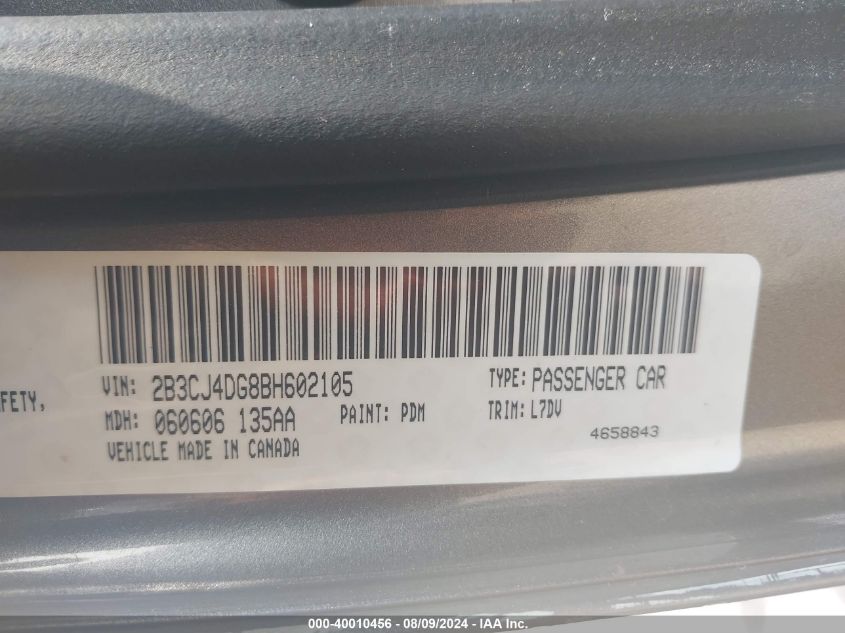 2011 Dodge Challenger VIN: 2B3CJ4DG8BH602105 Lot: 40010456