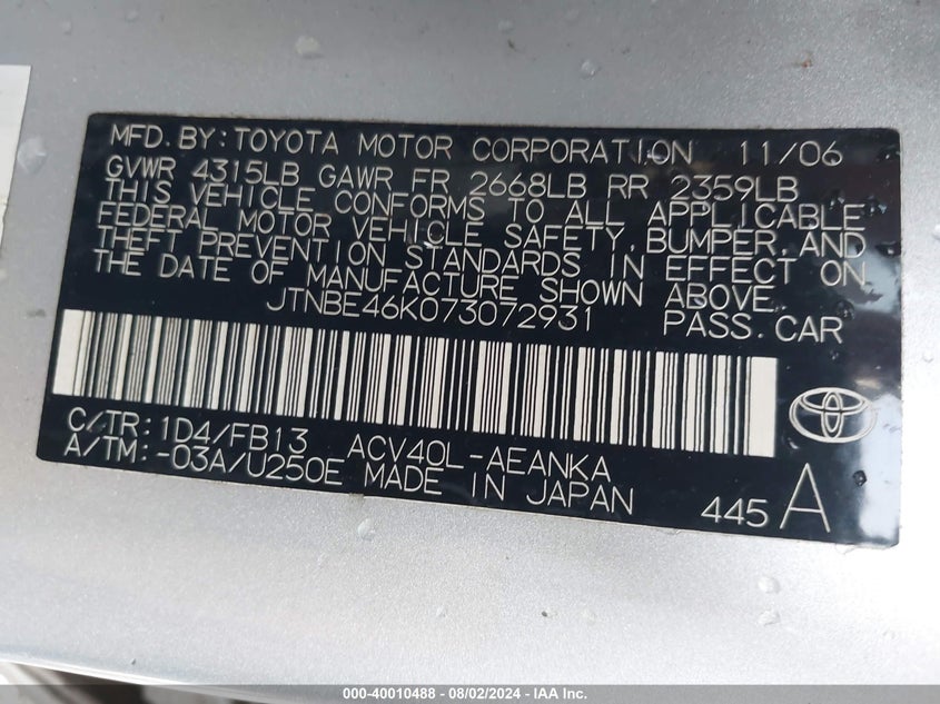 2007 Toyota Camry Le VIN: JTNBE46K073072931 Lot: 40010488