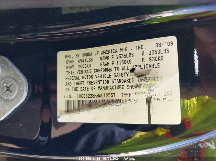 2009 Honda Accord 3.5 Ex-L VIN: 1HGCS228X9A012557 Lot: 40010496