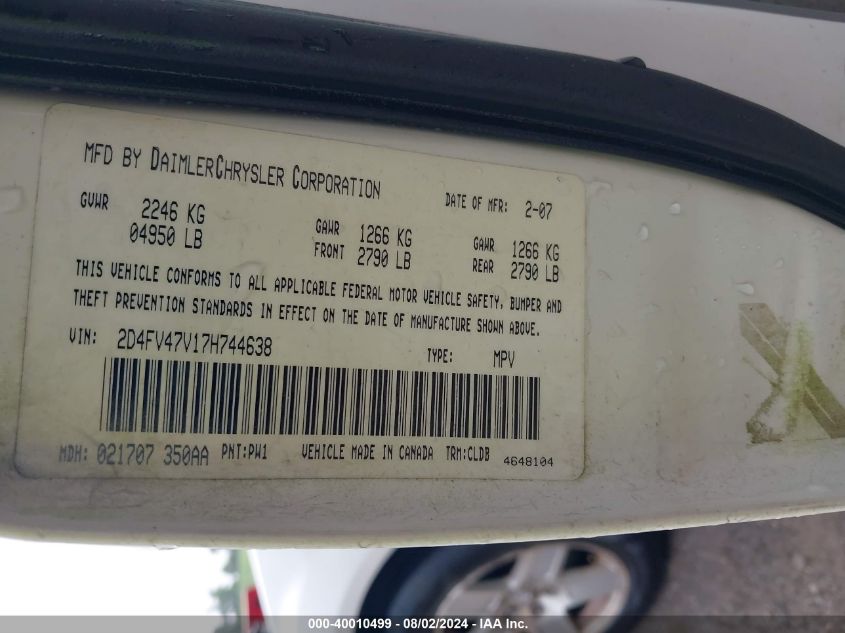 2007 Dodge Magnum VIN: 2D4FV47V17H744638 Lot: 40010499