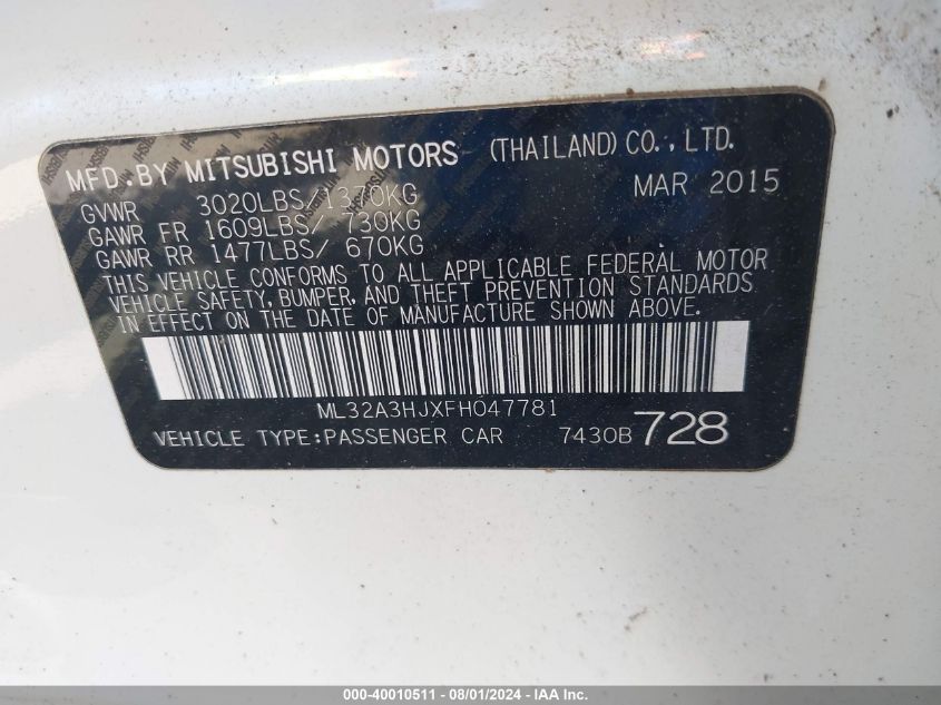 2015 Mitsubishi Mirage De VIN: ML32A3HJXFH047781 Lot: 40010511