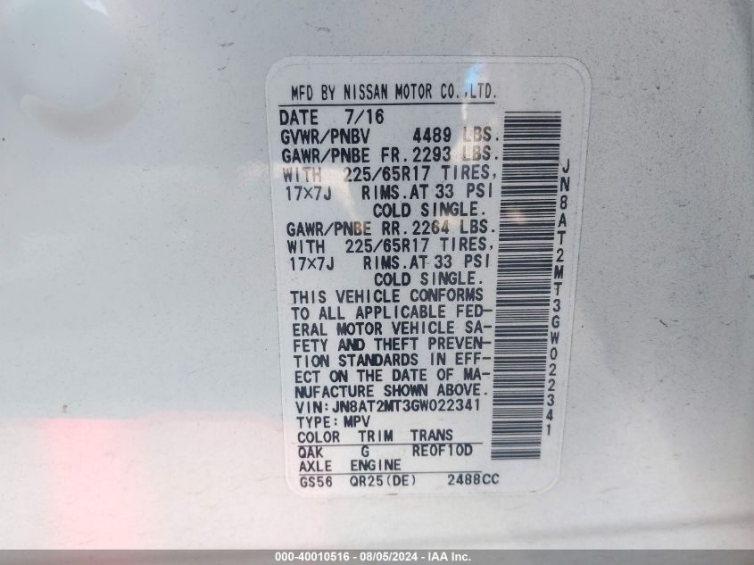 2016 Nissan Rogue S VIN: JN8AT2MT3GW022341 Lot: 40010516