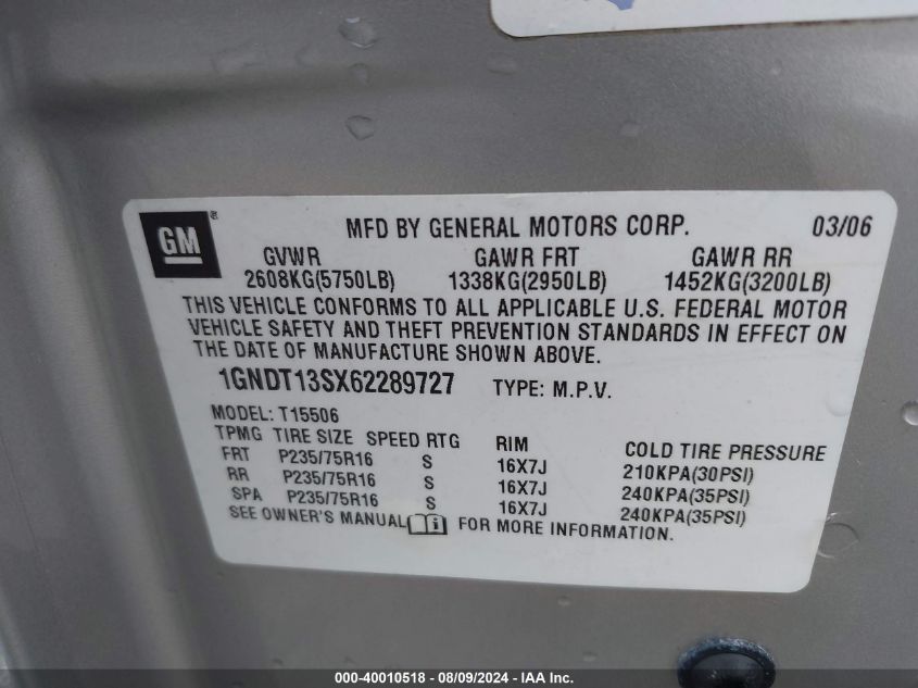 2006 Chevrolet Trailblazer Ls VIN: 1GNDT13SX62289727 Lot: 40010518