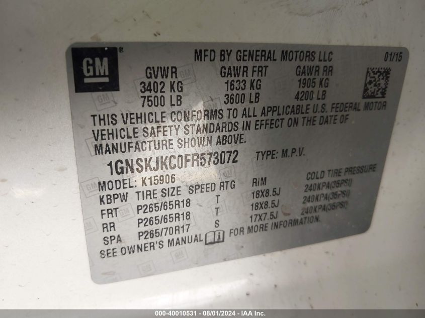 2015 Chevrolet Suburban 1500 Lt VIN: 1GNSKJKC0FR573072 Lot: 40010531