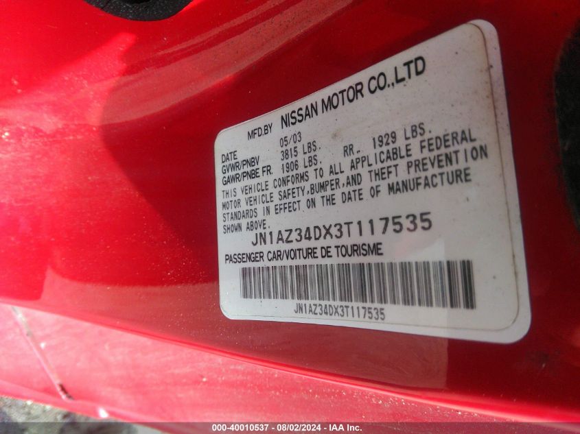 2003 Nissan 350Z Performance VIN: JN1AZ34DX3T117535 Lot: 40010537