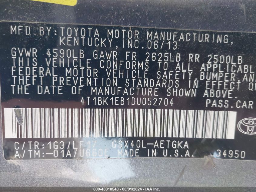 2013 Toyota Avalon Xle Premium VIN: 4T1BK1EB1DU052704 Lot: 40010540