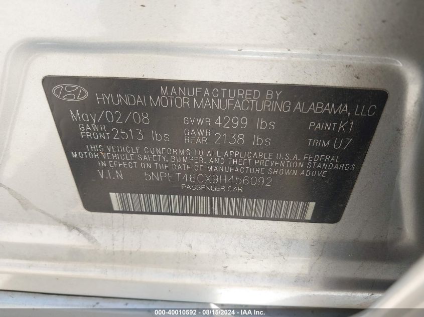 2009 HYUNDAI SONATA VIN: 5NPET46CX9H456092