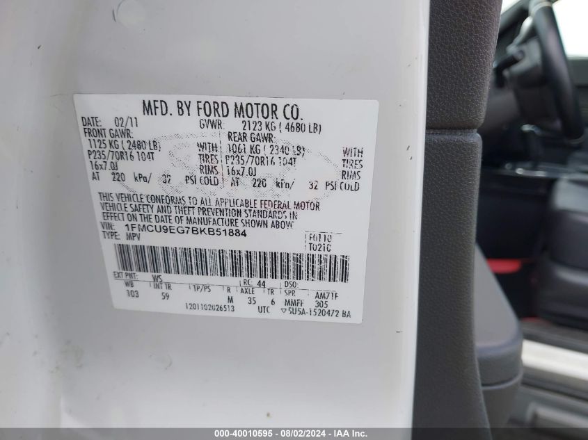 2011 Ford Escape Limited VIN: 1FMCU9EG7BKB51884 Lot: 40010595