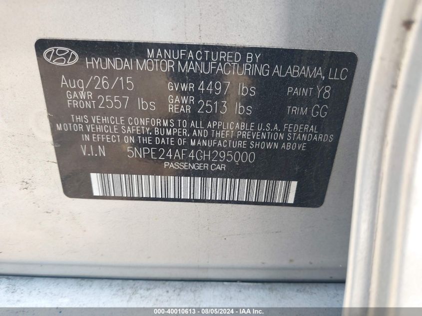 2016 Hyundai Sonata Se VIN: 5NPE24AF4GH295000 Lot: 40010613