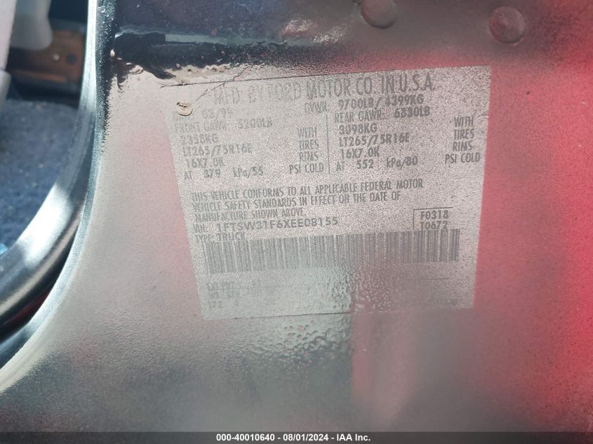 1999 Ford F-350 Srw Super Duty VIN: 1FTSW31F6XEE08155 Lot: 40010640