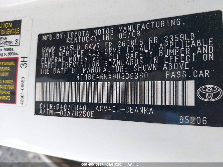 2009 Toyota Camry Le/Se/Xle VIN: 4T1BE46KX9U839360 Lot: 40010657