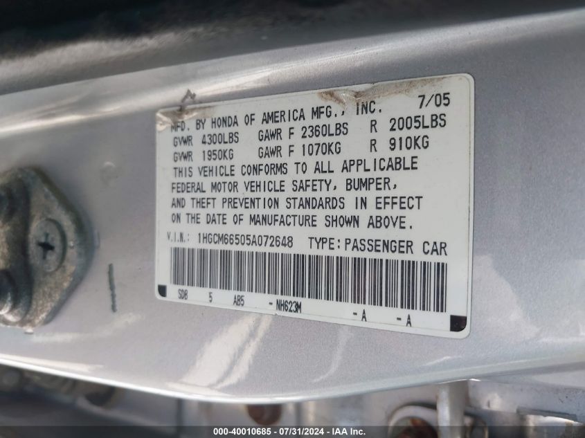 2005 Honda Accord 3.0 Ex VIN: 1HGCM66505A072648 Lot: 40010685