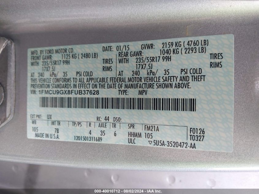 2015 Ford Escape Se VIN: 1FMCU9GX8FUB37628 Lot: 40010712