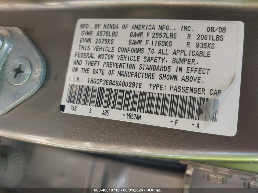 1HGCP36849A002916 2009 Honda Accord 3.5 Ex-L
