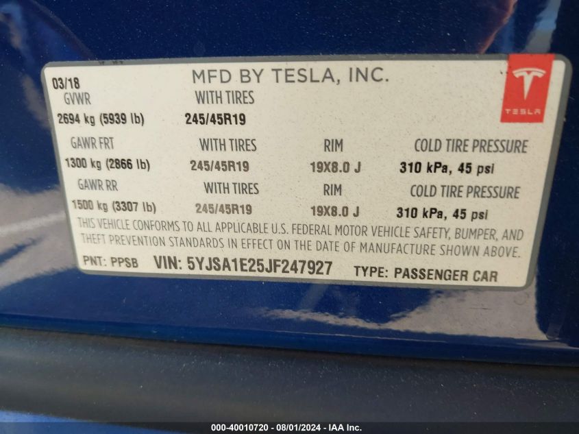 5YJSA1E25JF247927 2018 Tesla Model S 100D/75D/P100D